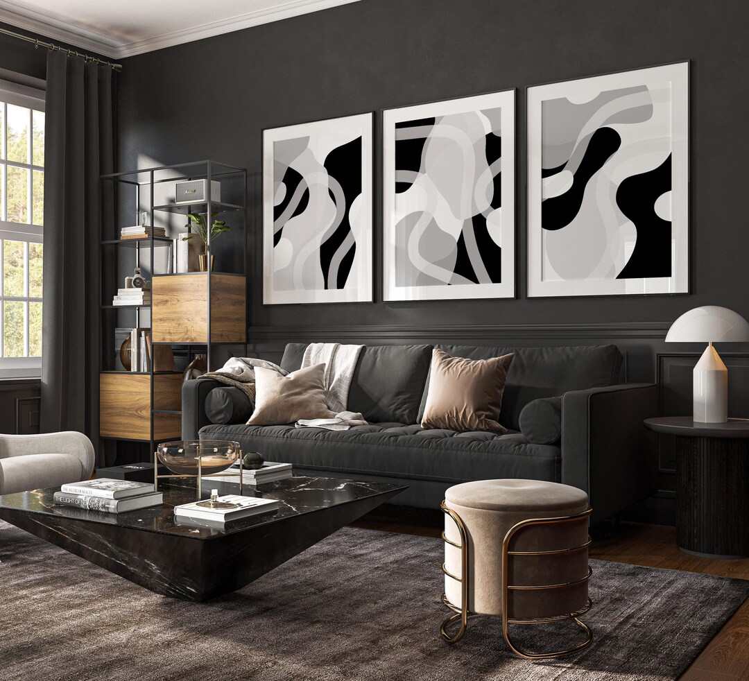 Set of 3 Wall Prints, Modern Art, Black, Grey and White Wall Prints