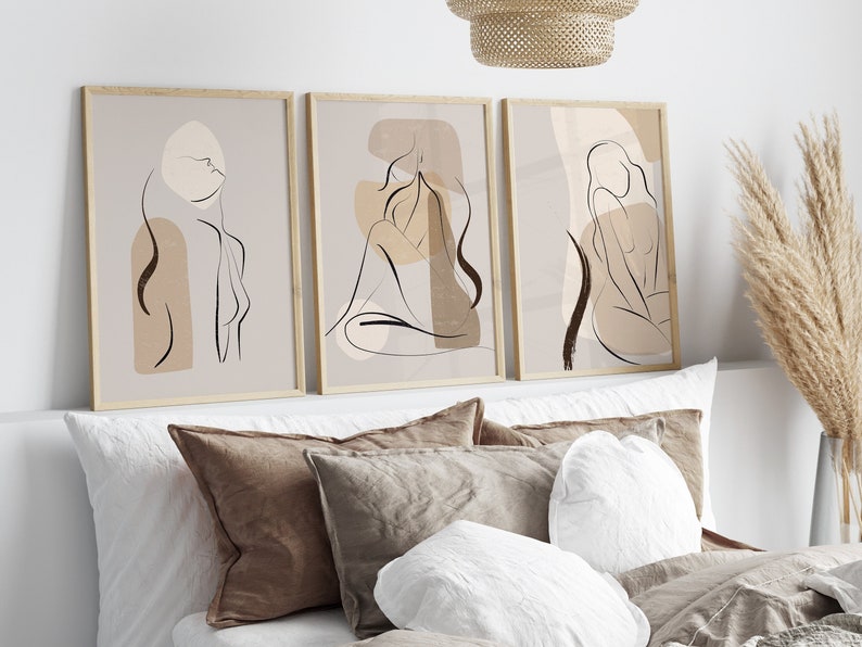 set of 3 beige and brown abstract women line art wall prints
