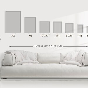 May include: A white sofa is 90 inches wide, with six different sized frames hanging on the wall above it. The frames are labelled with their sizes: A2, A3, 10"x12", A4, 8"x10", and A5 5"x7".
