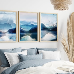 set of 3 blue watercolour scenic wall art prints