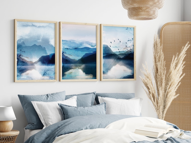 set of 3 blue watercolour scenic wall art prints