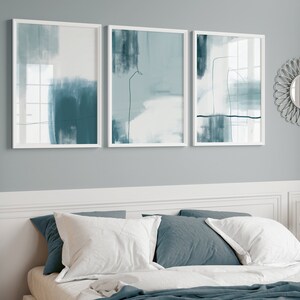 set of 3 duck egg blue colour abstract bedroom wall art prints