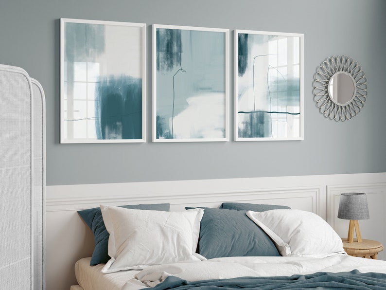 set of 3 duck egg blue colour abstract bedroom wall art prints