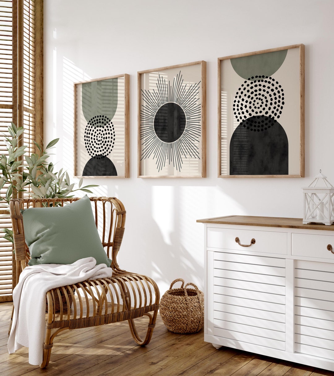 Set of 3 Green Boho Abstract Wall Prints, Boho Wall Art, Sage Green ...