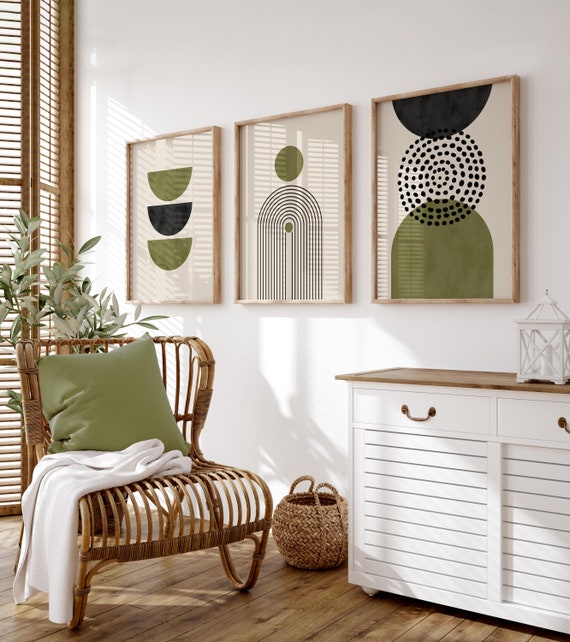 Set of 3 Olive Green Wall Prints, Boho Wall Art, Green Wall Prints