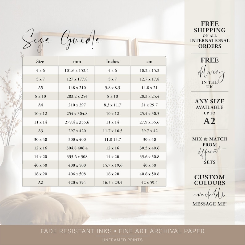 Size guide, also available in listing description