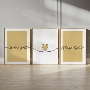 Ochre bedroom prints, "good night, sleep tight" bedtime quotes with line art love heart