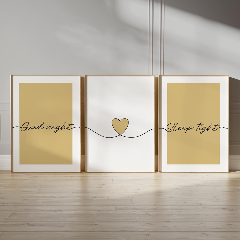Ochre bedroom prints, "good night, sleep tight" bedtime quotes with line art love heart