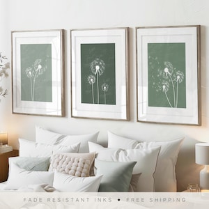 Botanische Wandkunst, Löwenzahn, Botanische Wanddekoration, Grüne Wanddekoration, Wohnzimmerdrucke, 3er-Set Wanddrucke, abstrakte Kunst