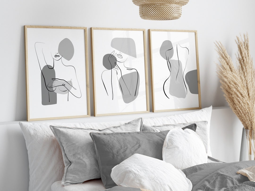 Grey Bedroom Wall Prints, Naked Line Art, Grey Wall Art, Grey Wall Prints, Bedroom Decor, Set of ...