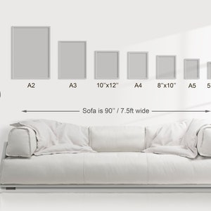 May include: A white sofa is 90 inches wide, with six different sized frames hanging on the wall above it. The frames are labeled with their sizes: A2, A3, 10"x12", A4, 8"x10", and A5 5"x7".