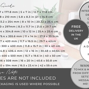 May include: Size guide for prints with measurements in inches and centimeters.  The text reads "Frames are not included. Eco packaging is used where possible."