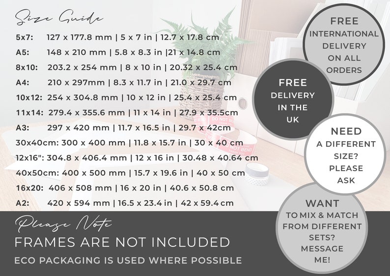 May include: Size guide for prints with measurements in inches and centimeters.  The text reads "Frames are not included. Eco packaging is used where possible."