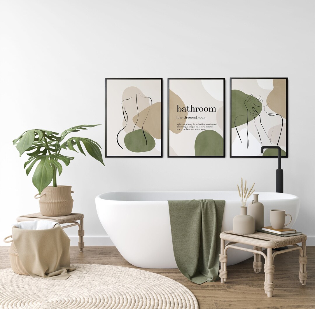 Olive Green Bathroom Prints, Bathroom Decor, Bathroom Wall Decor, Set
