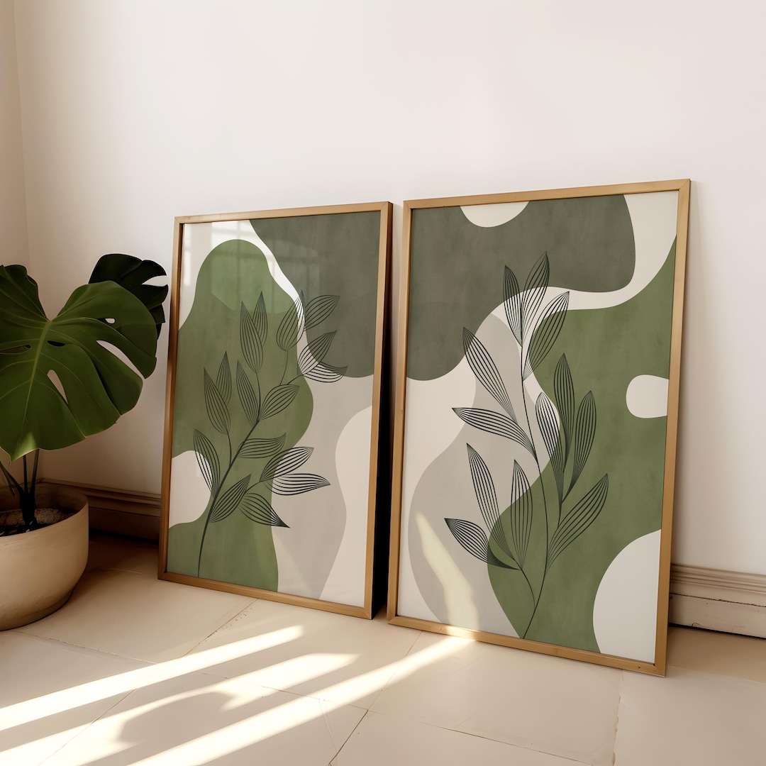 Set of 2 Wall Prints, Olive Green Wall Art, Green Wall Prints, Green ...