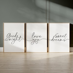 Minimalist bedroom prints with bedtime quotes in white