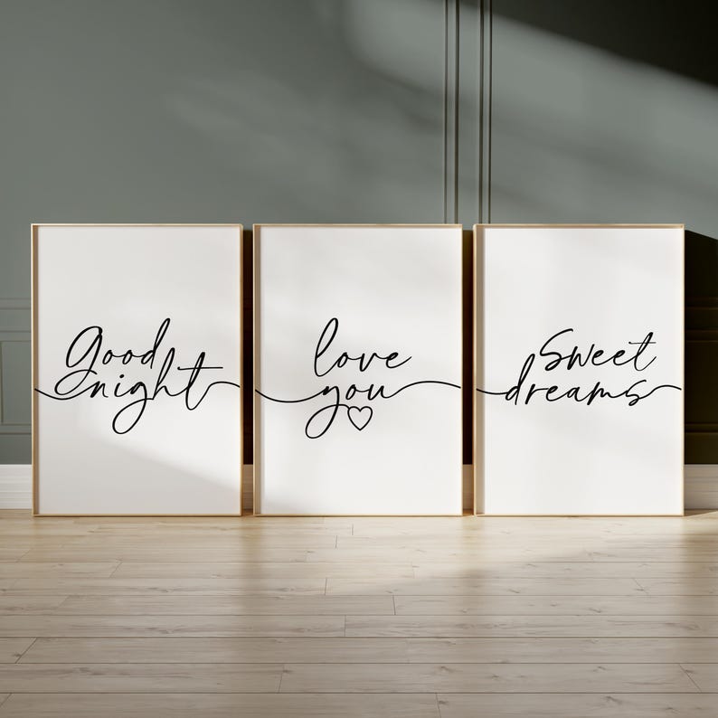 Minimalist bedroom prints with bedtime quotes in white