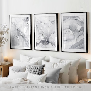 3er Set Graue Wanddrucke, Marmor Abstrakte Kunst, Graue Wandkunst, Graue Wand-Dekor, Schlafzimmer Drucke, Wohnzimmer Wandkunst, Grau & Silber, Modern