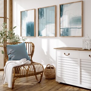 set of 3 duck egg blue colour abstract hallway wall art prints