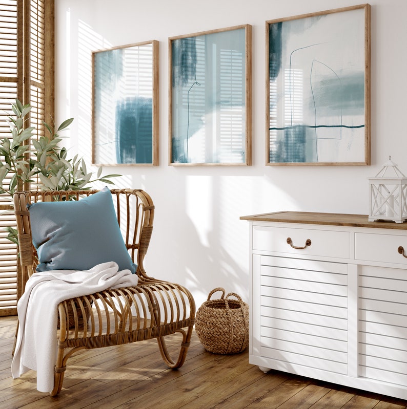 set of 3 duck egg blue colour abstract hallway wall art prints