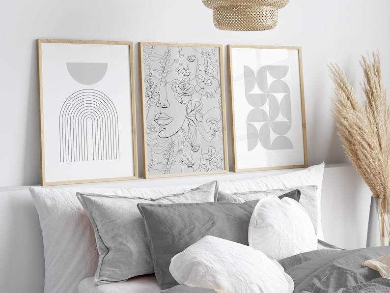 set of 3 grey abstract bedroom wall art prints