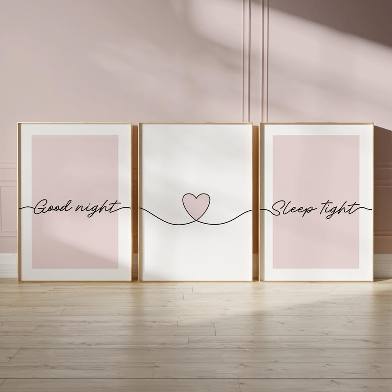 Pink bedroom prints, "good night, sleep tight" bedtime quotes with line art love heart