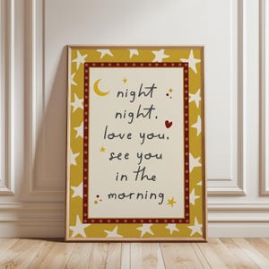 Boys print, typography print with quote "night night, love you, see you in the morning", With a star detail background and dotty border, ochre yellow colour