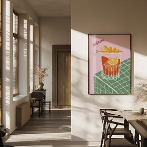 Dining room print in sage green and pink featuring Negroni cocktail