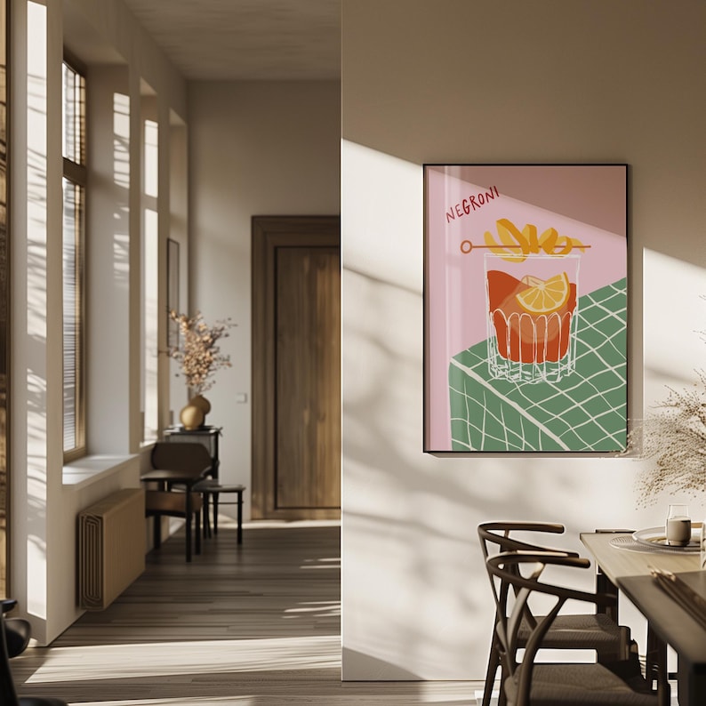 Dining room print in sage green and pink featuring Negroni cocktail