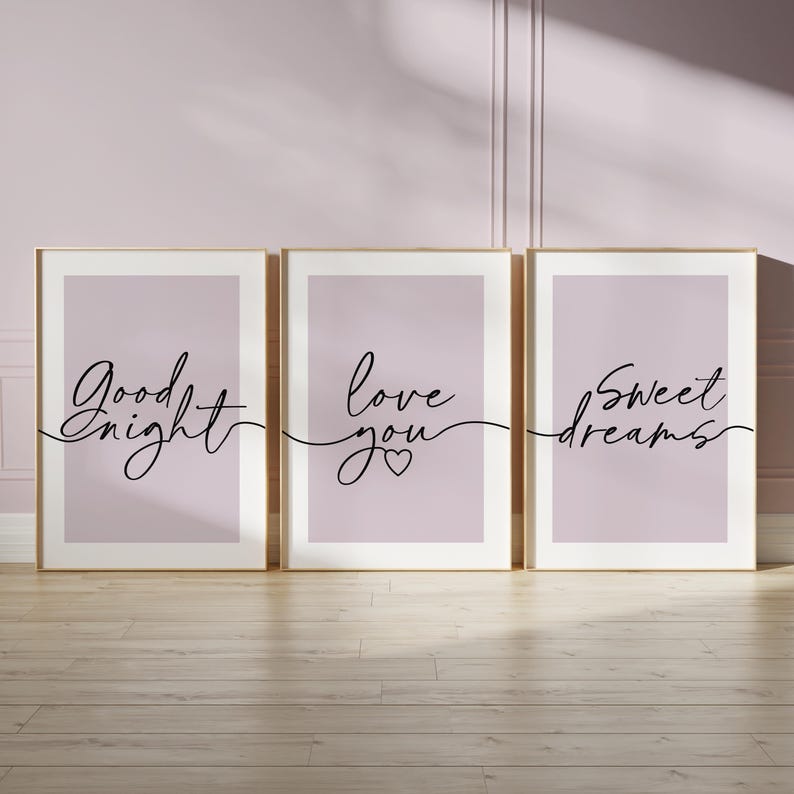 Bedroom prints with bedtime quotes in lilac, heather, purple colour