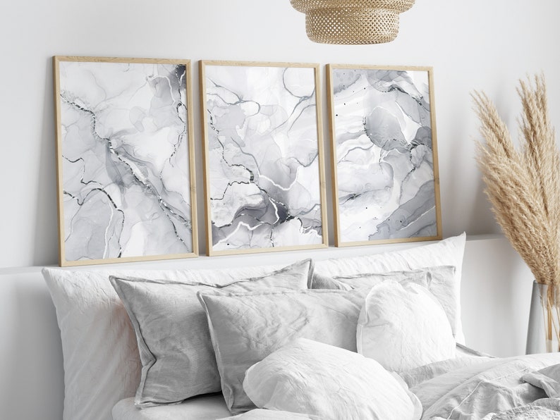 Set of 3 grey and silver abstract art bedroom prints for above bed
