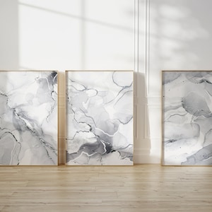 Set of 3 grey marble abstract bathroom wall art prints