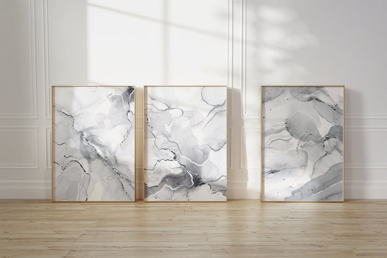 Set of 3 grey marble abstract bathroom wall art prints
