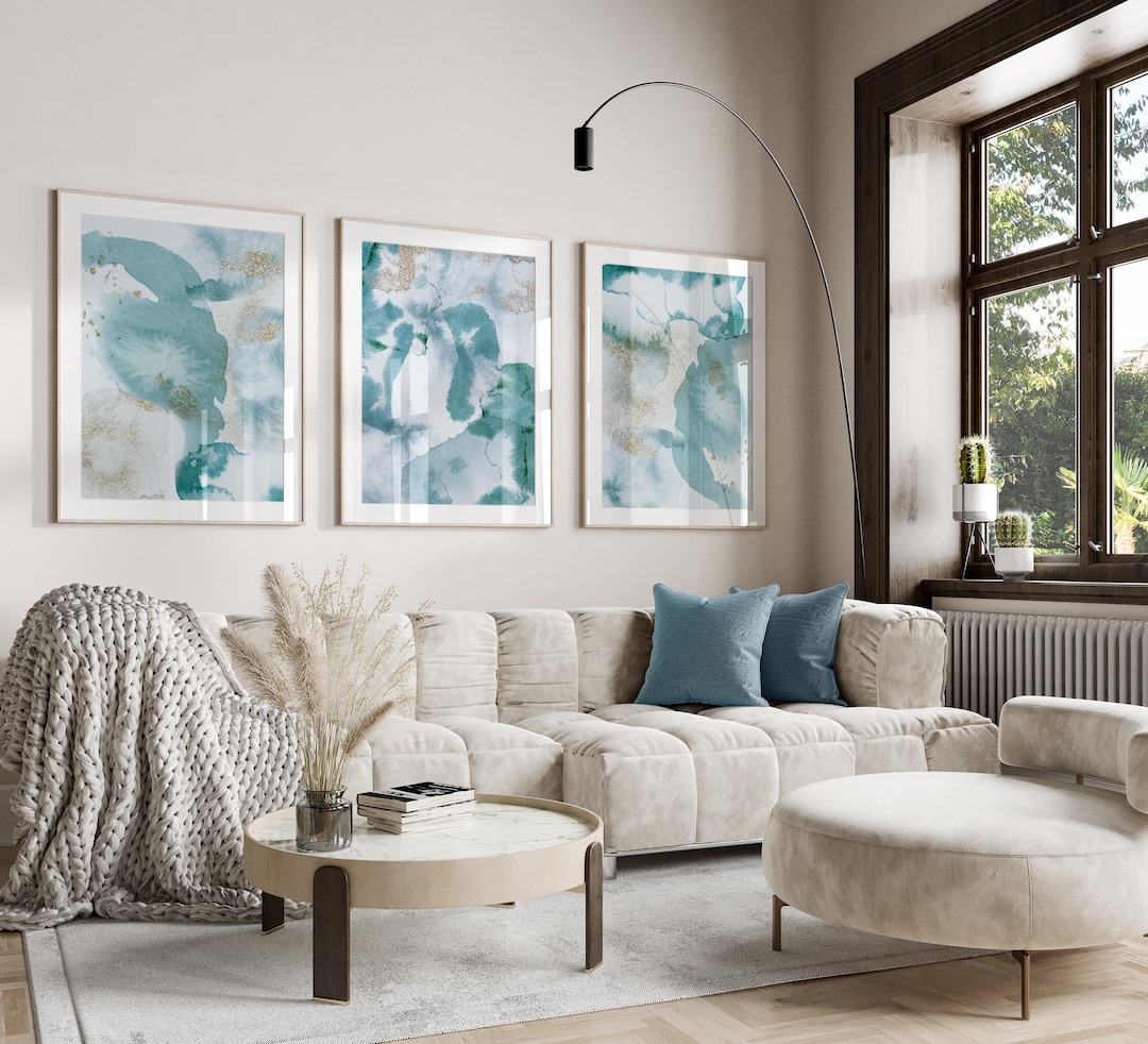 Set of 3 Wall Prints, Modern Art, Duck Egg Blue Wall Prints, Wall Art