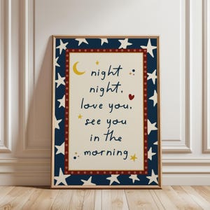 Boys print, typography print with quote "night night, love you, see you in the morning", With a star detail background and dotty border, navy blue colour