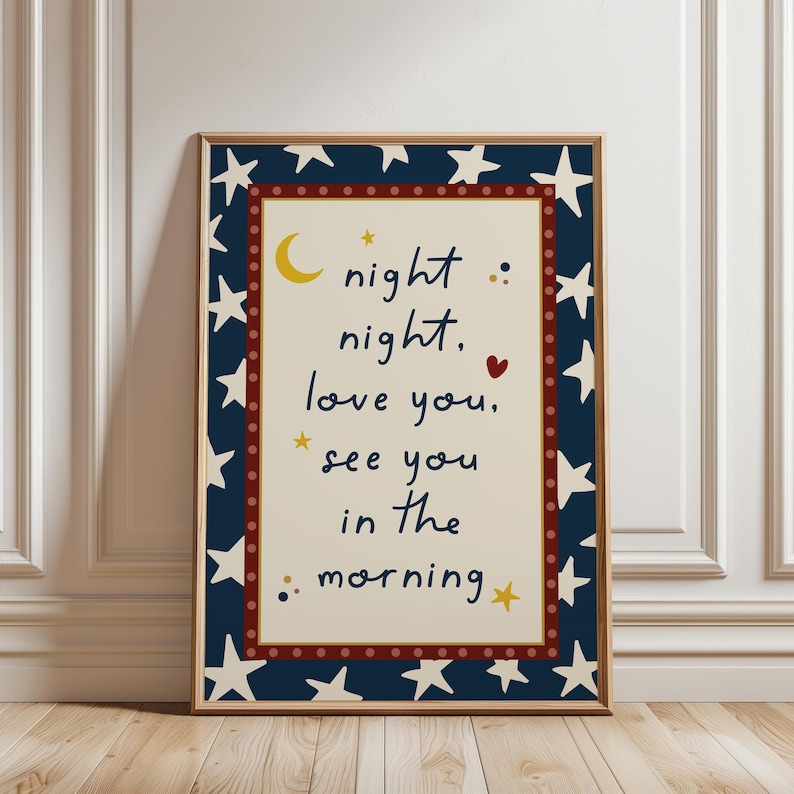 Boys print, typography print with quote "night night, love you, see you in the morning", With a star detail background and dotty border, navy blue colour