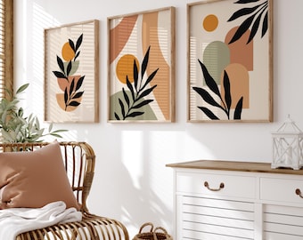 Boho Abstrakte Wand Kunst Drucke, Boho Wand Kunst, 3er Set Wand Drucke, Grün & Orange Drucke, Beige, Grün, Terrakotta, Boho Wand Dekor, Boho