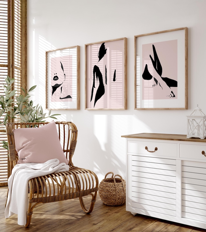 pink and black abstract women wall art print set