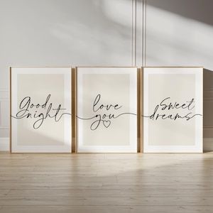 Bedroom prints with bedtime quotes in light beige