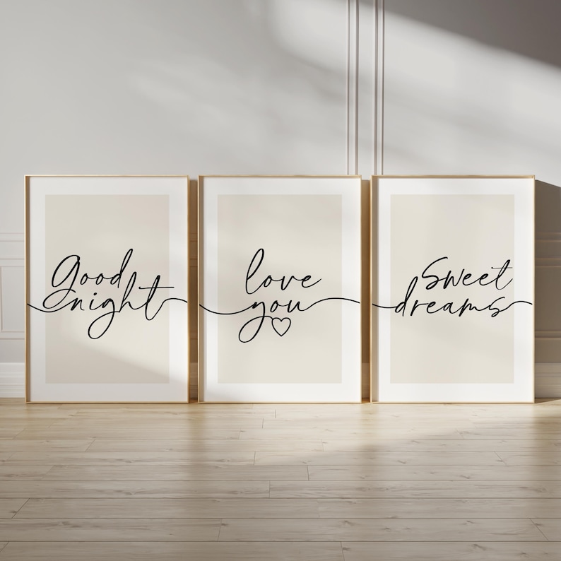 Bedroom prints with bedtime quotes in light beige