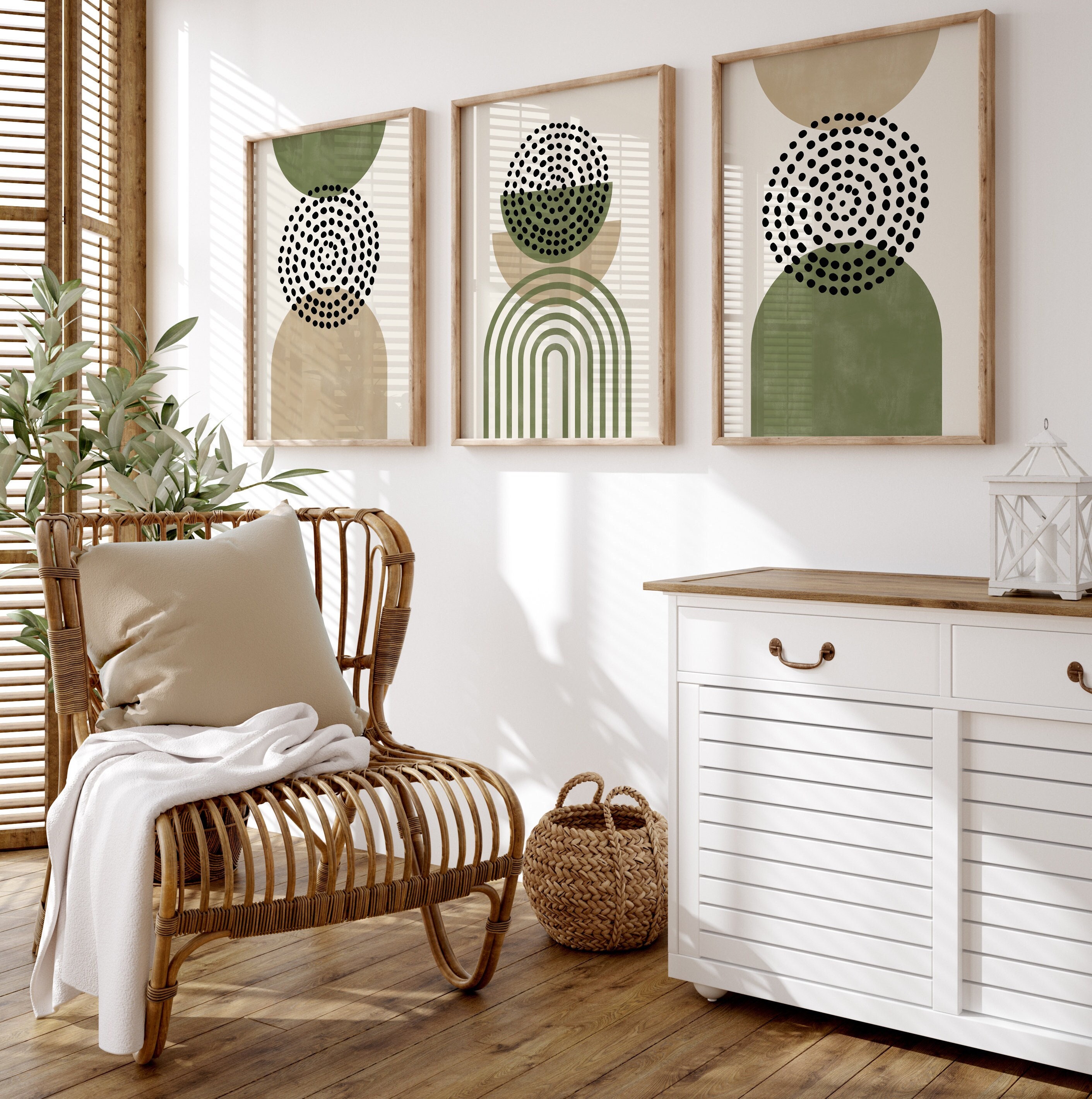 Set of 3 Olive Green Wall Prints, Boho Wall Art, Green Wall Prints