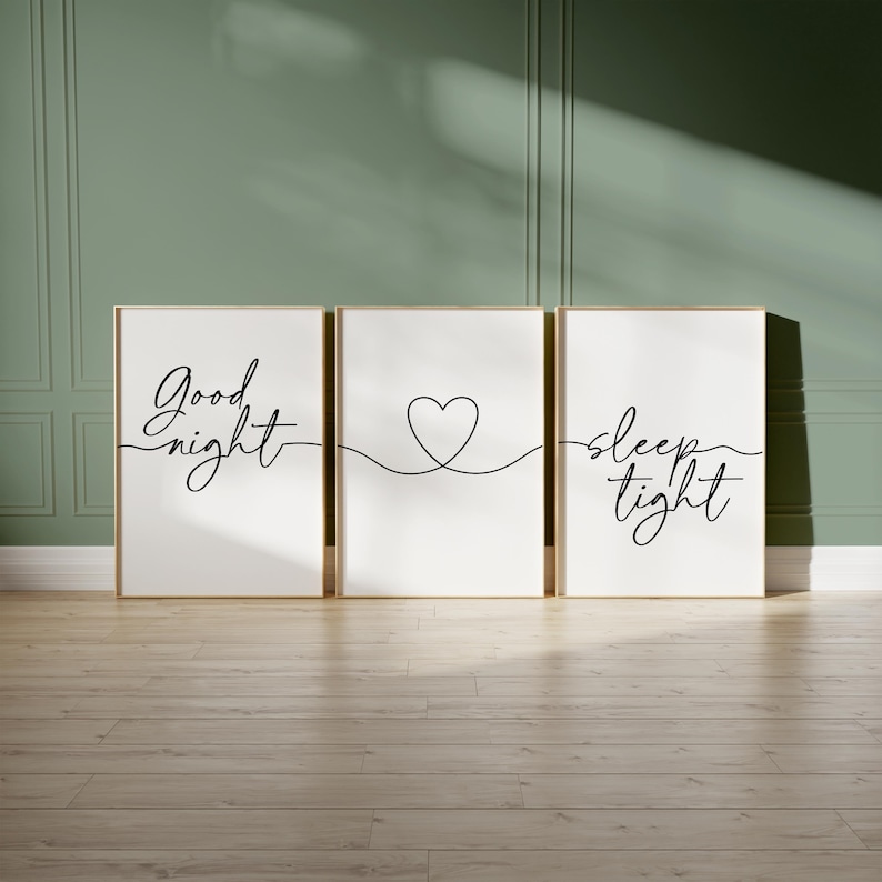 Minimalist bedroom prints with bedtime phases and line art love heart