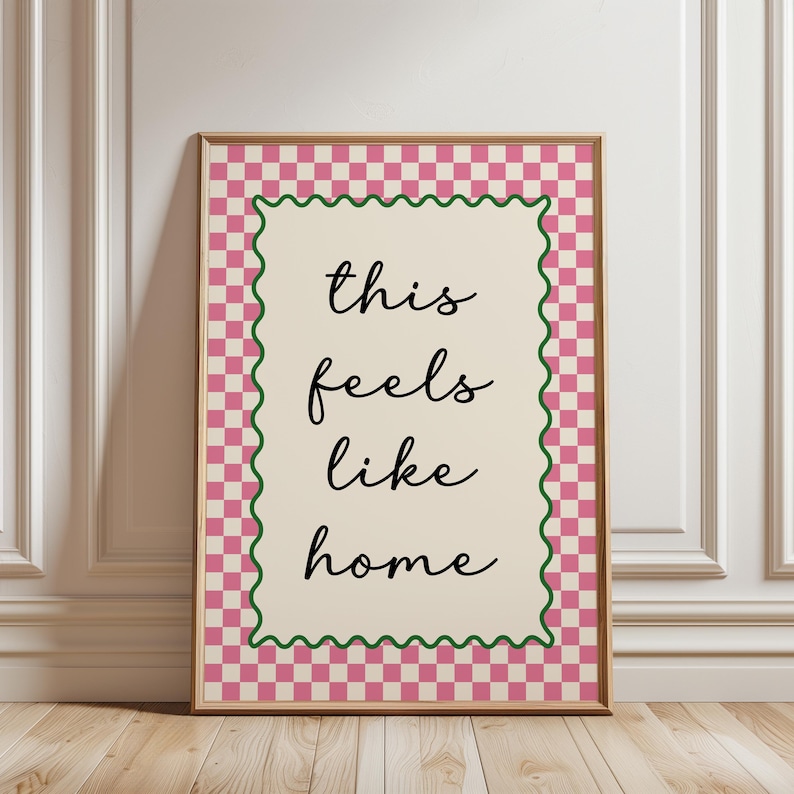 Entryway print, this feels like home quote, with blush pink chequered border, funky home decor