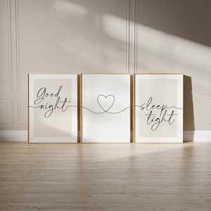 Light beige bedroom prints, "good night, sleep tight" bedtime quote with love heart