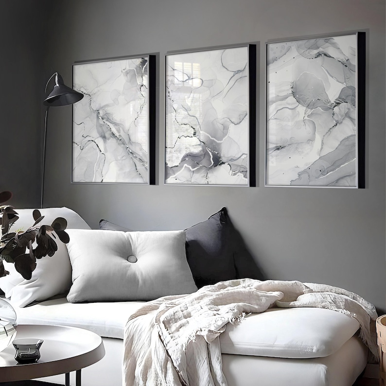 Set of 3 grey and silver abstract art prints with marble effect