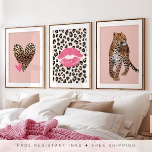 3er Set Pink Leopard Wand Kunst Drucke, Liebe Herzen, Mädchen Funky Wandkunst, abstrakte Kunst, Girly Preppy Wohnkultur, Kuss Druck, trendige Poster