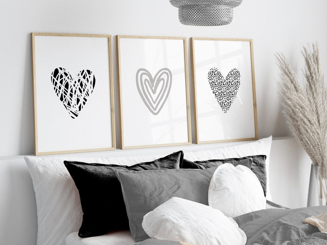 Grey & Black Wall Prints, Black Wall Decor, Love Heart Bedroom Prints
