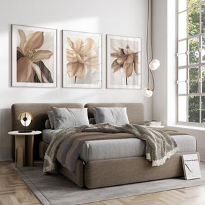 Set of 3 brown and beige flower wall art prints