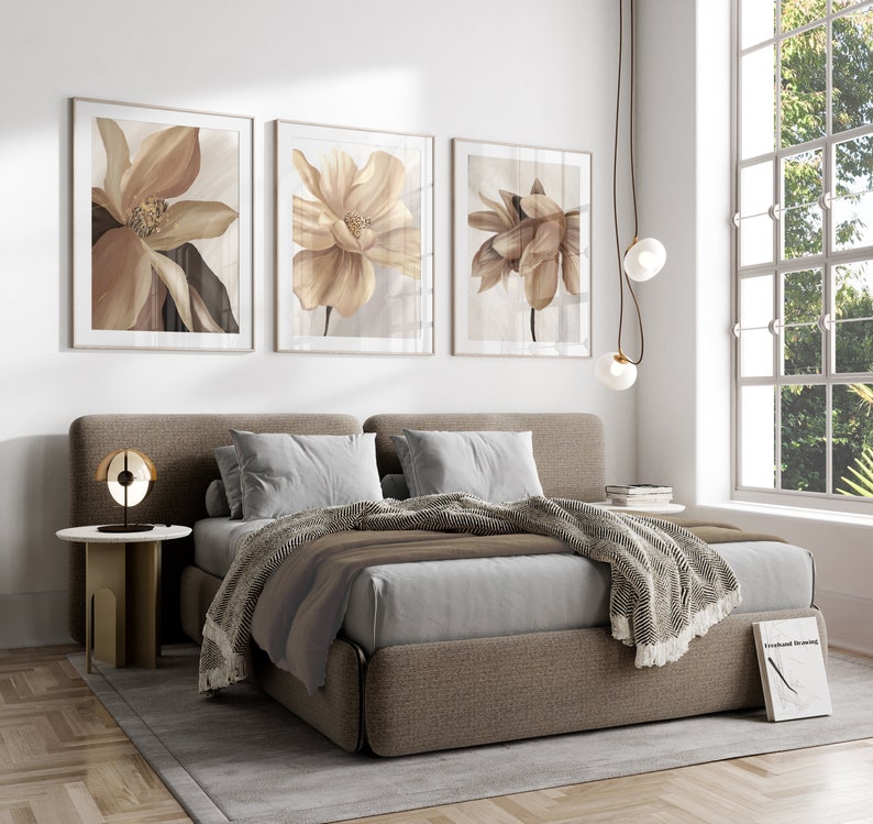 Set of 3 brown and beige flower wall art prints