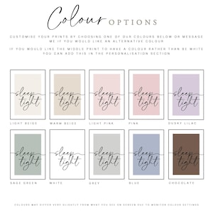 May include: A display of framed art prints with the phrase "sleep tight" in elegant script. The prints are available in various colors, including light beige, pink, and blue. The text "Colour Options" is at the top.